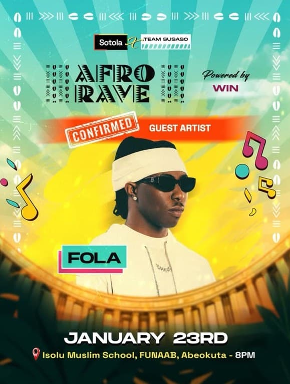 Afro Rave flyer announcing FOLA as confirmed guest artist on January 23rd at FUNAAB, Abeokuta