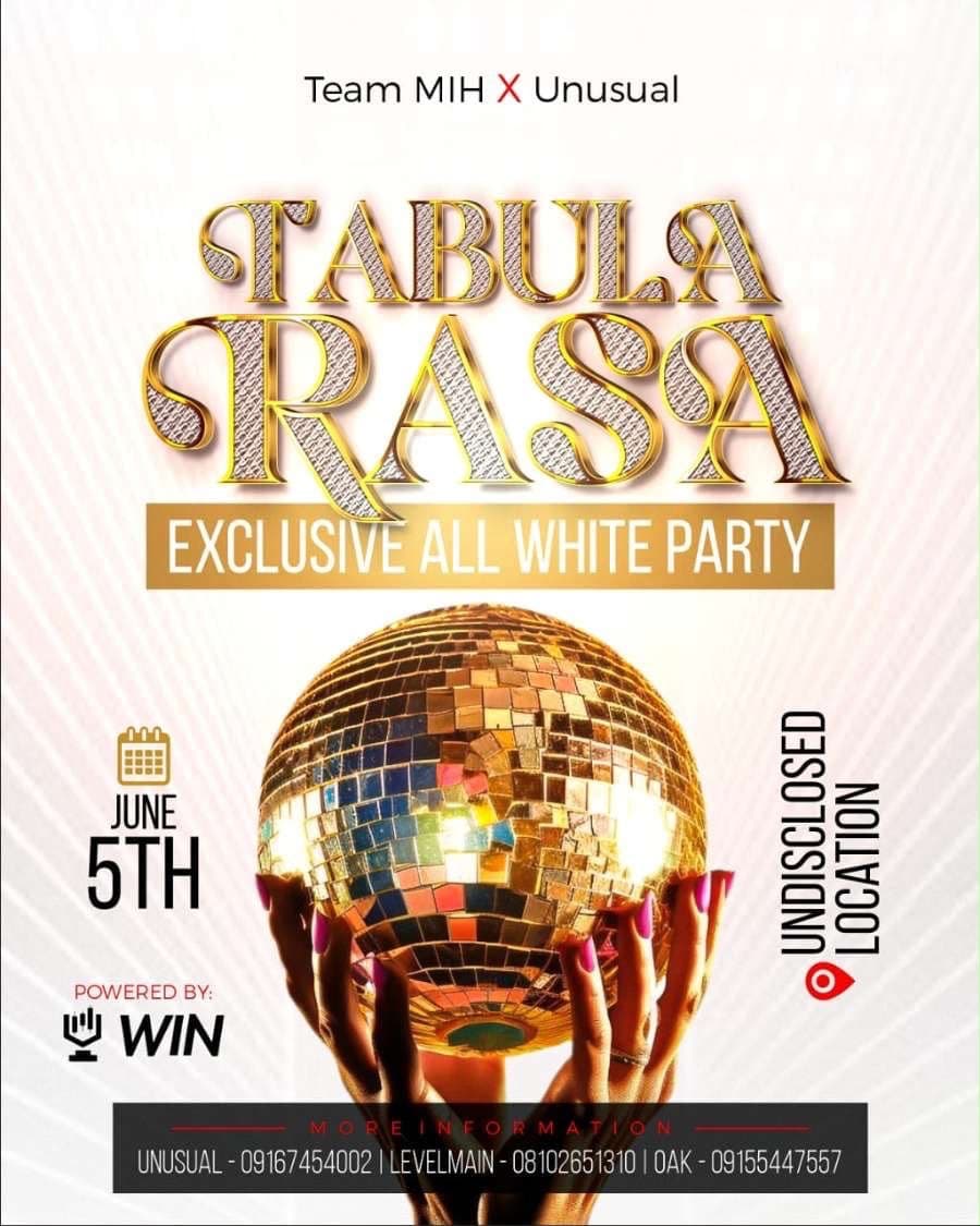 Tabula Rasa exclusive all white party flyer with a gold disco ball